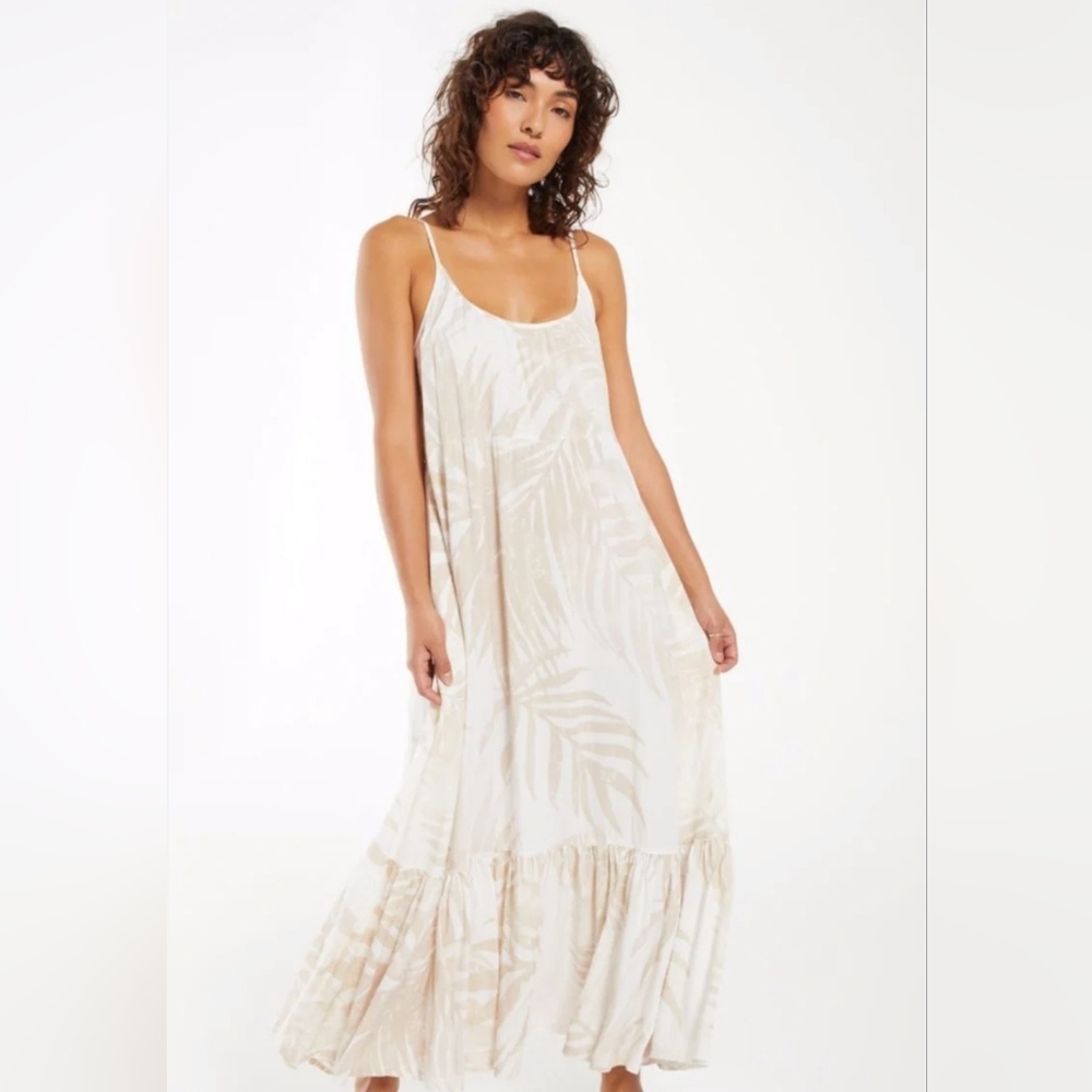 Z SUPPLY LIDO MAXI DRESS PALM LEAF PRINT IN CREAM AND TAN . SIZE X-SMALL. - Picture 1 of 9